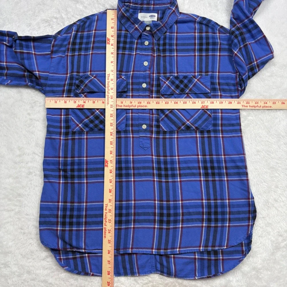 Old Navy Flannel Popover Shirt Womens M Blue Plaid Boyfriend Long Sleeve‎ 755008